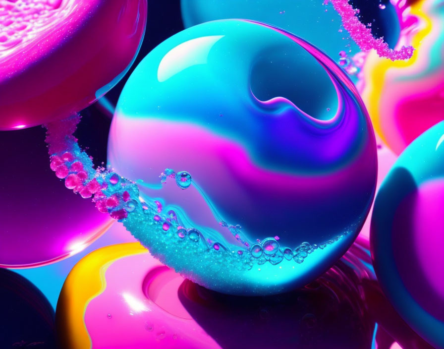 Colorful abstract art: Glossy spheres in pink, blue, and yellow swirls