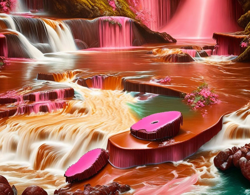 Surreal landscape with candy-themed elements under soft glowing light