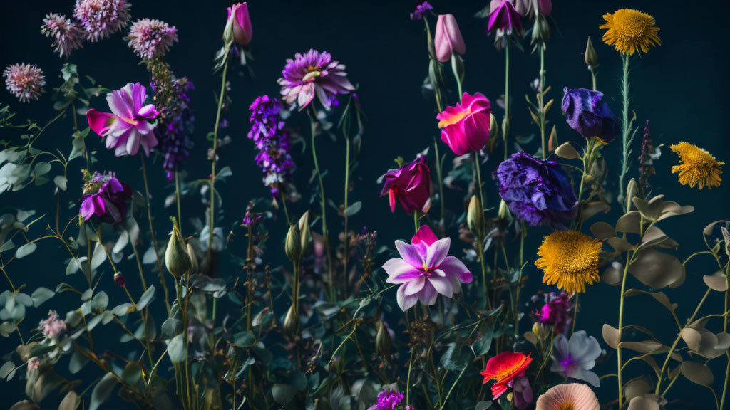 Colorful Tulips and Daisies on Dark Background