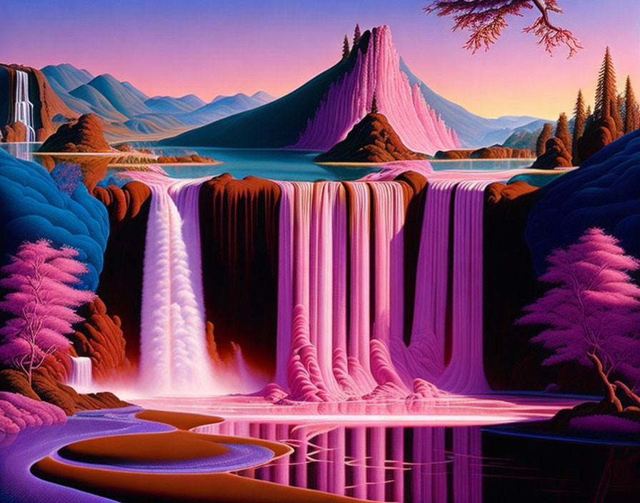 Colorful surreal landscape with purple waterfall and mountains