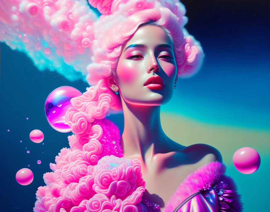 Colorful digital artwork: Woman with pink cloud-like hair and bubbles on neon blue and pink backdrop