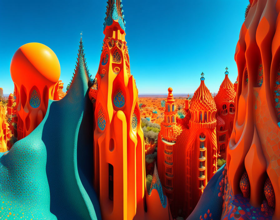 Surreal landscape with organic shapes and towers in blue and orange hues