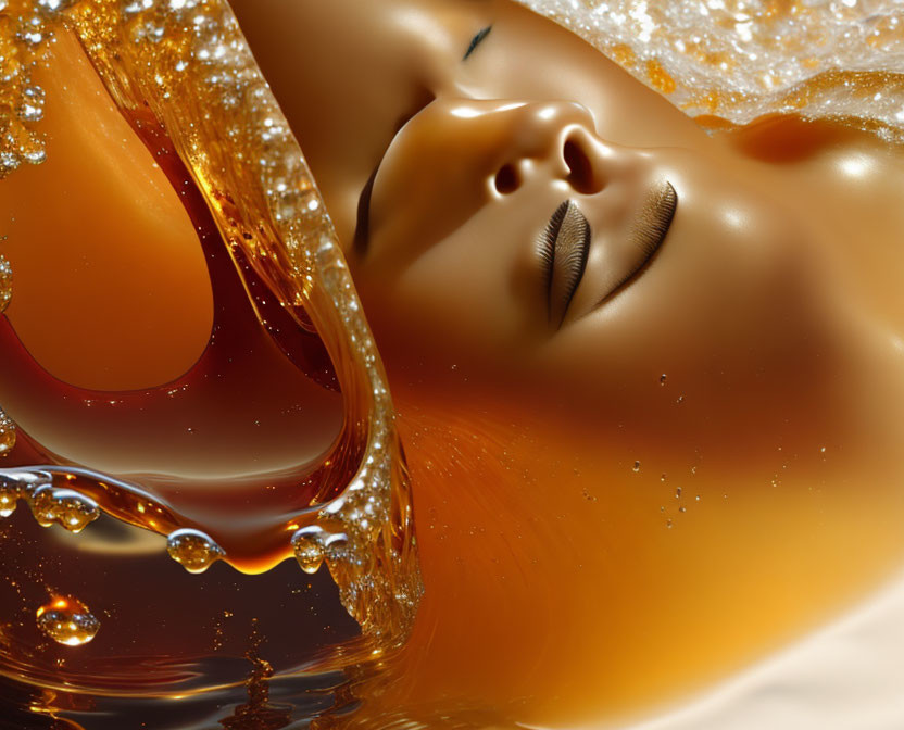 Artistic close-up of woman's face in liquid amber with bubbles and flowing textures