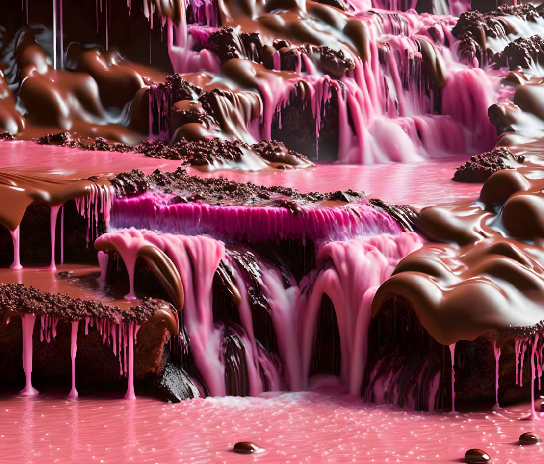 Surreal landscape featuring chocolate-like structures and cascading pink liquid