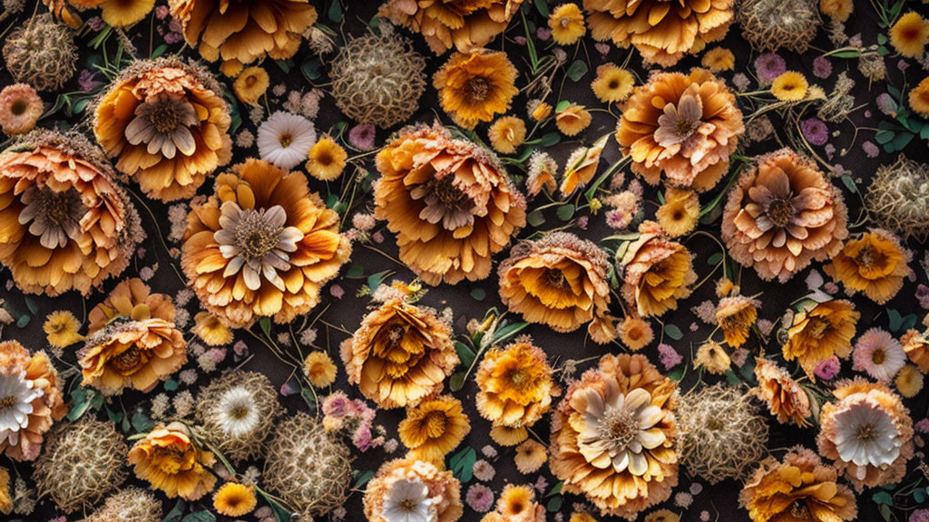 Vibrant orange and yellow flowers with green and purple leaves in dense pattern