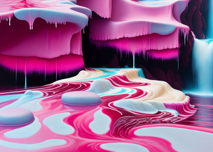 Vibrant surreal landscape with flowing pink, purple, and blue shapes