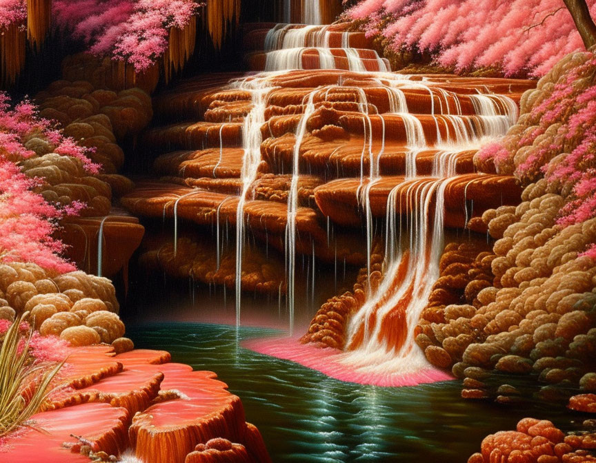 Vibrant surreal terraced waterfalls with pink foliage and emerald pool surrounded by rock formations