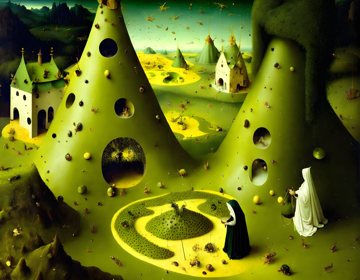 Surreal landscape featuring cone-shaped hills, whimsical houses, figures in robes, and scattered rocks