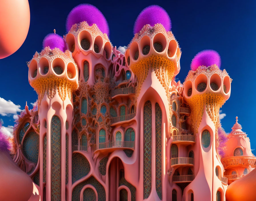 Fantastical coral-like towers with purple spheres under a blue sky