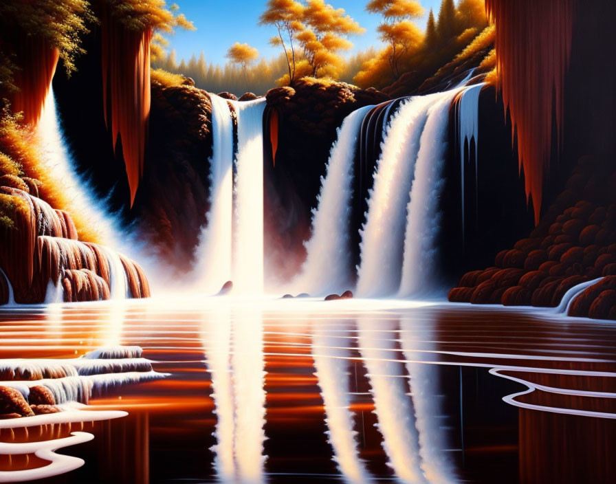 Tranquil waterfall painting with autumn trees and reflective lake