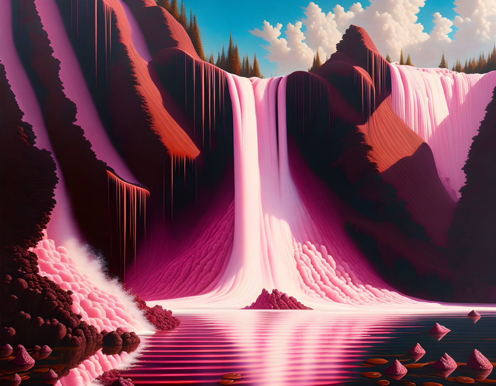 Surreal landscape with pink waterfalls, crimson cliffs, serene lake