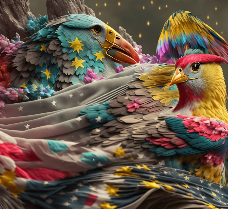 Vividly colored fantastical birds among star-patterned flora and sparkling dots