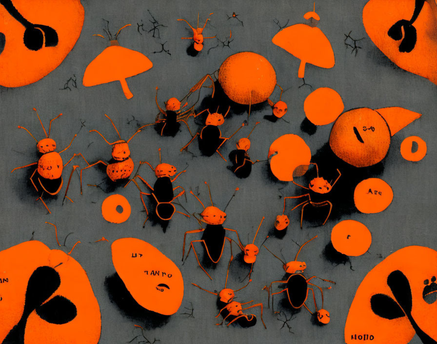 Colorful orange insects and fruits on textured gray background in playful abstract scene