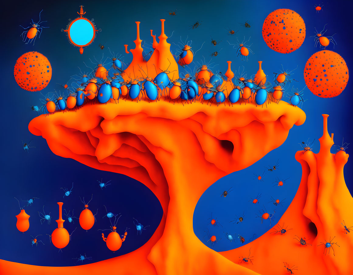 Colorful surreal illustration: orange tree on blue background, surrounded by orbs & whimsical creatures