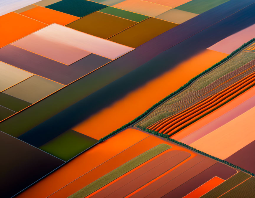 Vibrant geometric farmland in orange, brown, and green.