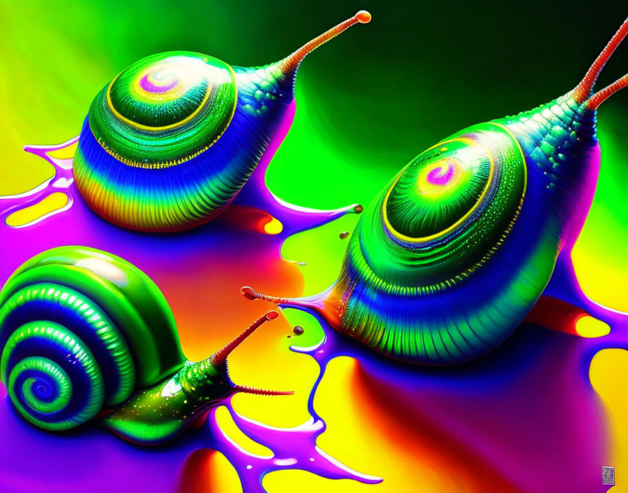 Colorful digital art featuring three snails with iridescent shells on a psychedelic rainbow backdrop