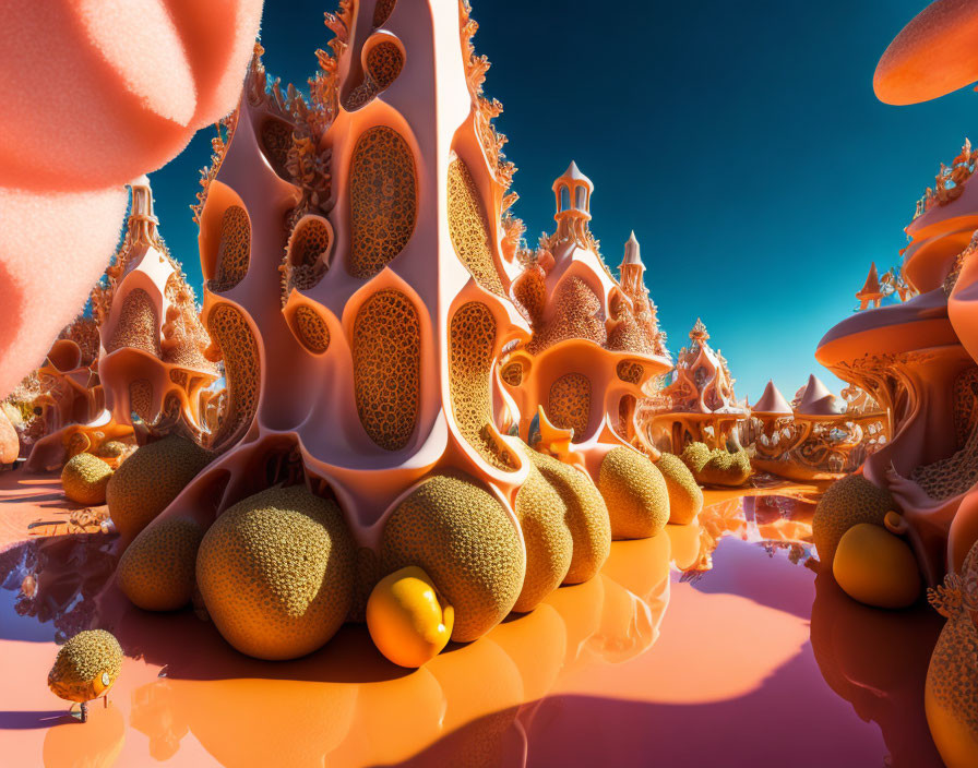 Surreal landscape with orange and coral structures reflected in mirror-like surface