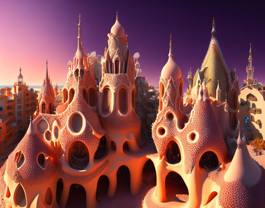 Sunset-lit surreal buildings with organic shapes and intricate designs against a purple sky