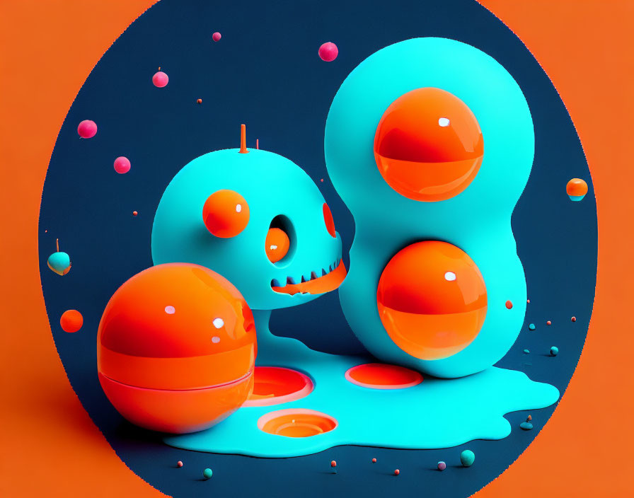 Abstract 3D Illustration with Blue and Orange Spheres and Smiling Pumpkin Figure