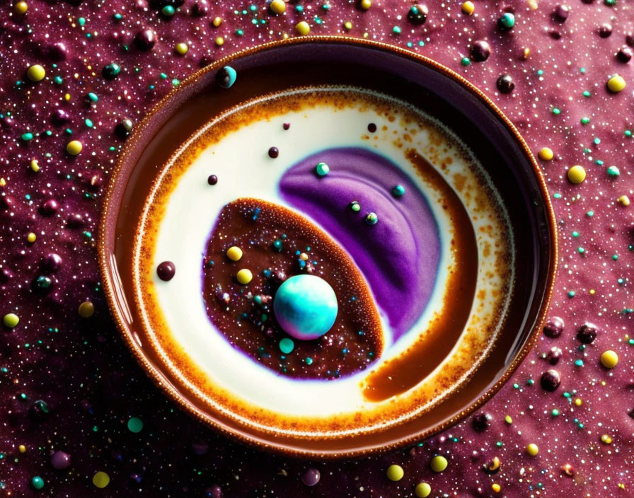 Vibrant close-up of coffee cup with purple and blue cream art on glittery pink surface