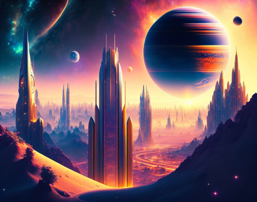 Futuristic sci-fi cityscape with towering spires and multiple planets in starry sky