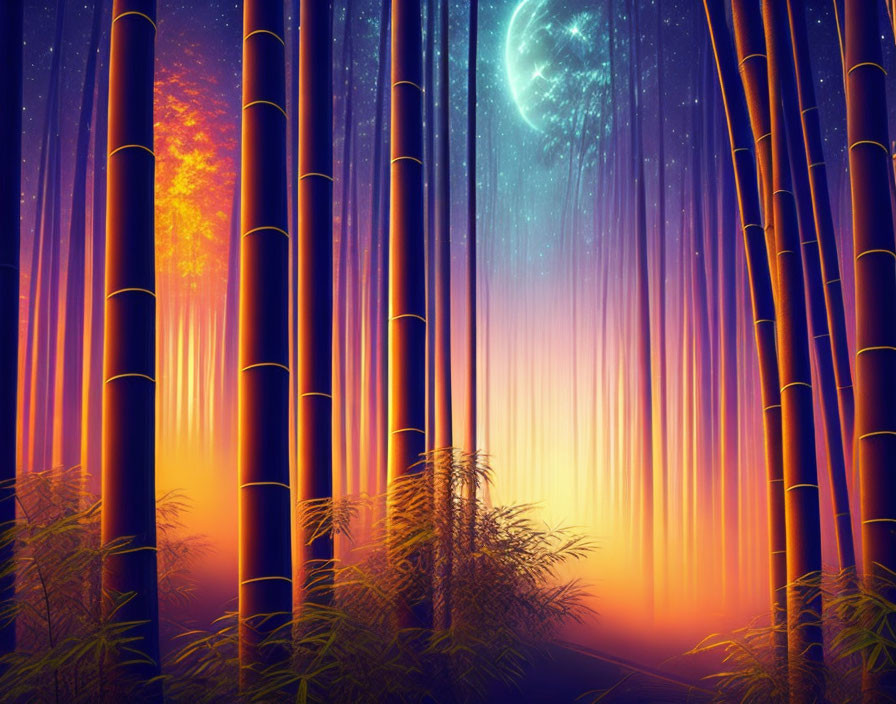 Mystical bamboo forest at night under starry sky