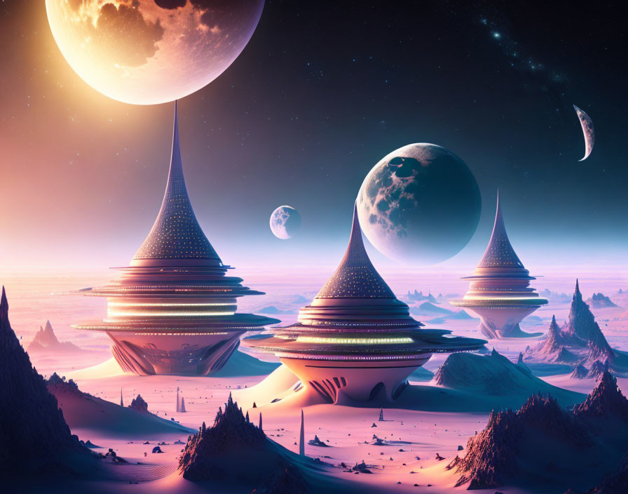 Surreal sci-fi landscape with futuristic spires, moons, stars, and desert terrain