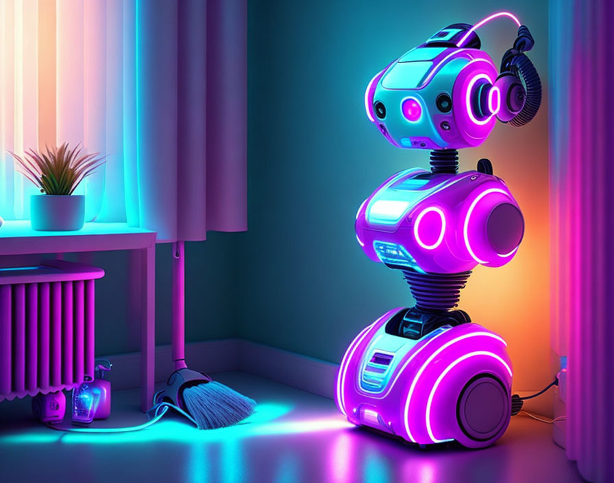 Colorful futuristic robot with purple and blue lights next to window with plant and broom