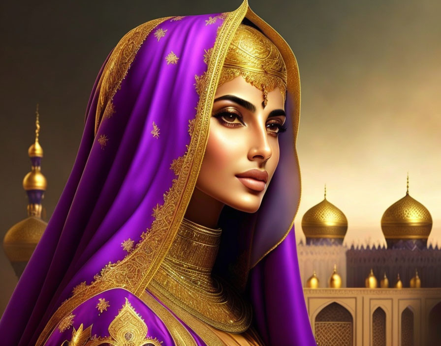 Illustrated woman with purple headscarf and regal makeup against domed buildings