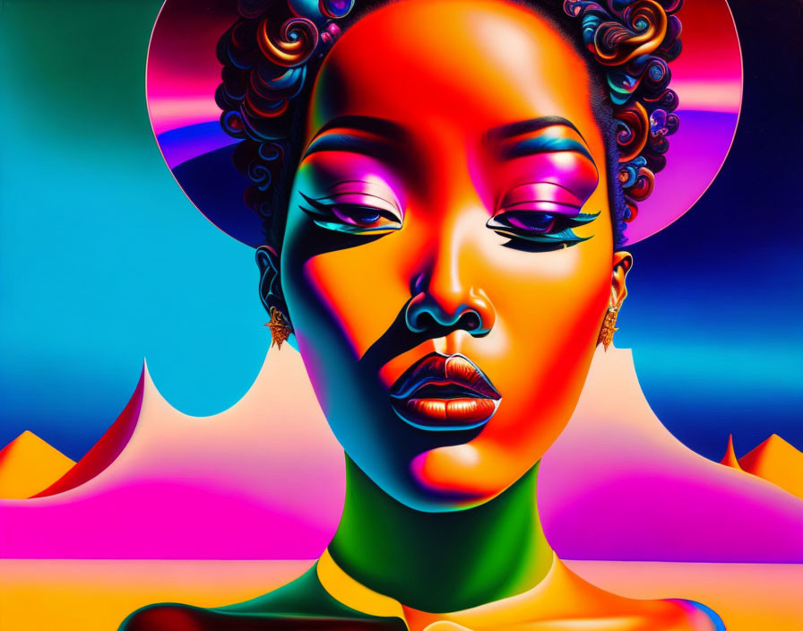 Vibrant Makeup Woman Portrait in Surreal Landscape