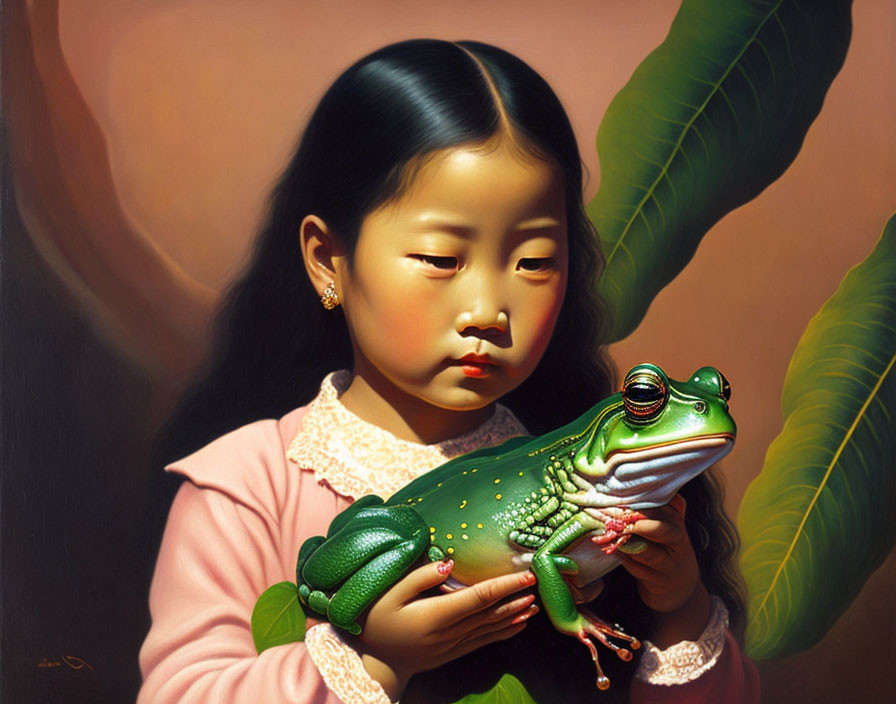 Young girl in pink sweater with frog and giant leaves background