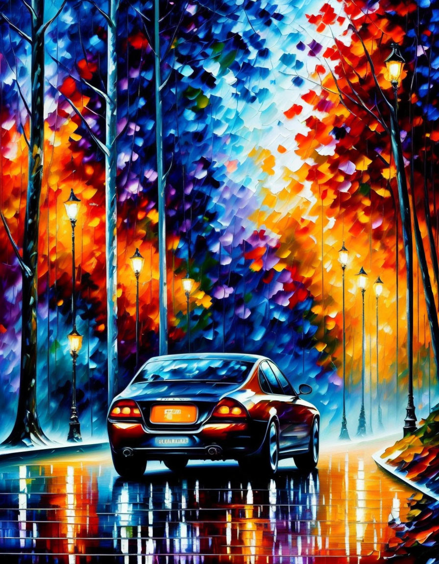 Colorful painting of shiny car on wet road in autumn forest