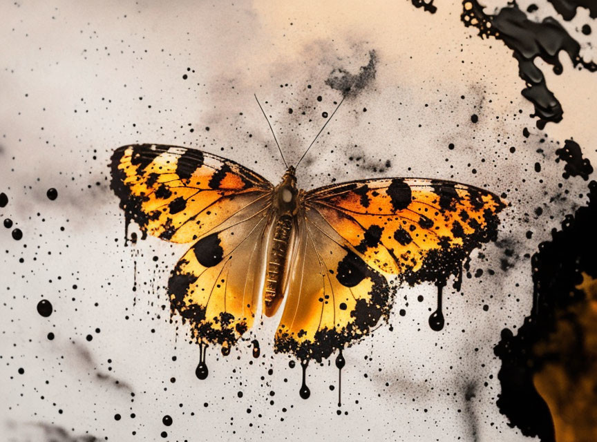 Colorful Butterfly with Ink Splatters on Blurred Background