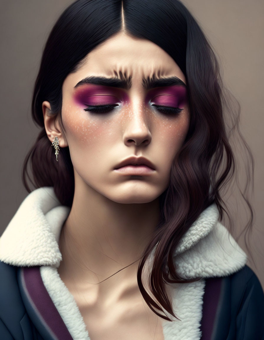 Young woman with magenta eyeshadow and freckles in cozy collar jacket gazes downward.