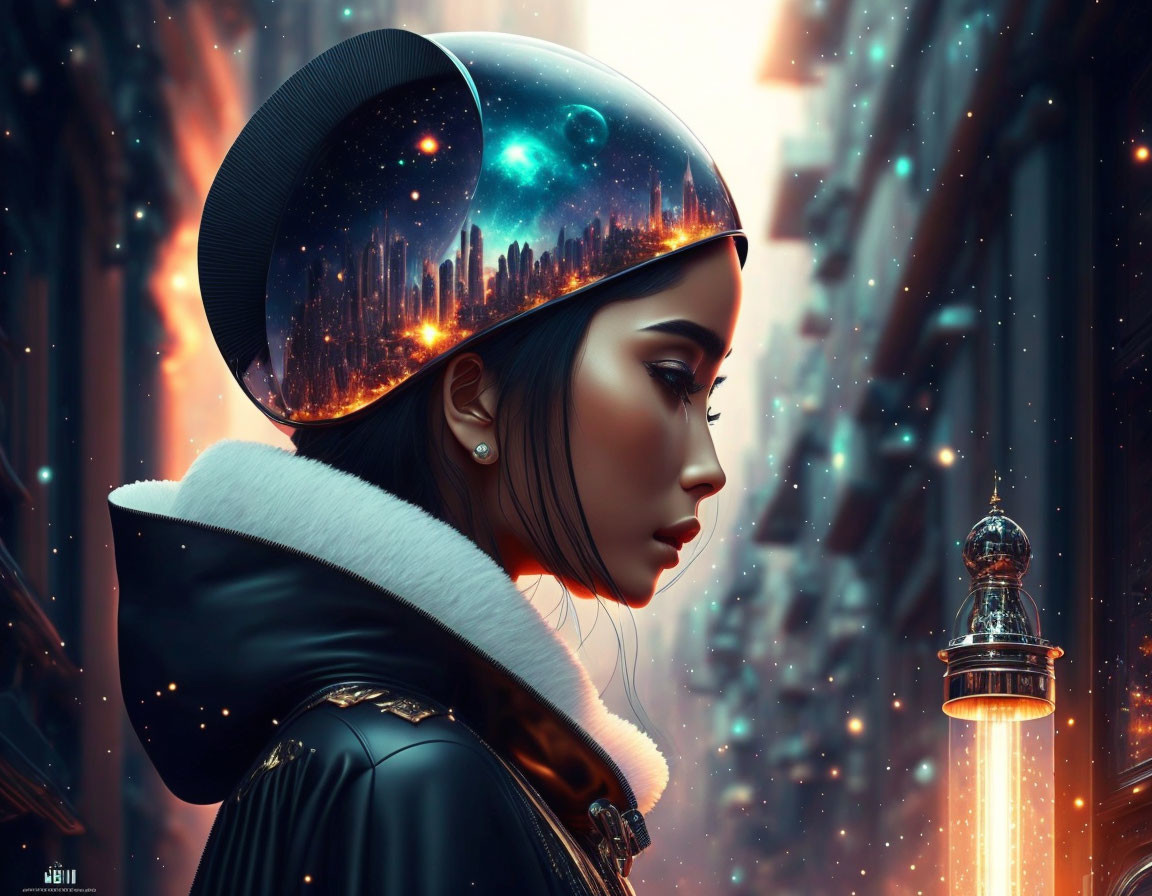 Woman in galaxy helmet gazes at futuristic cityscape at twilight