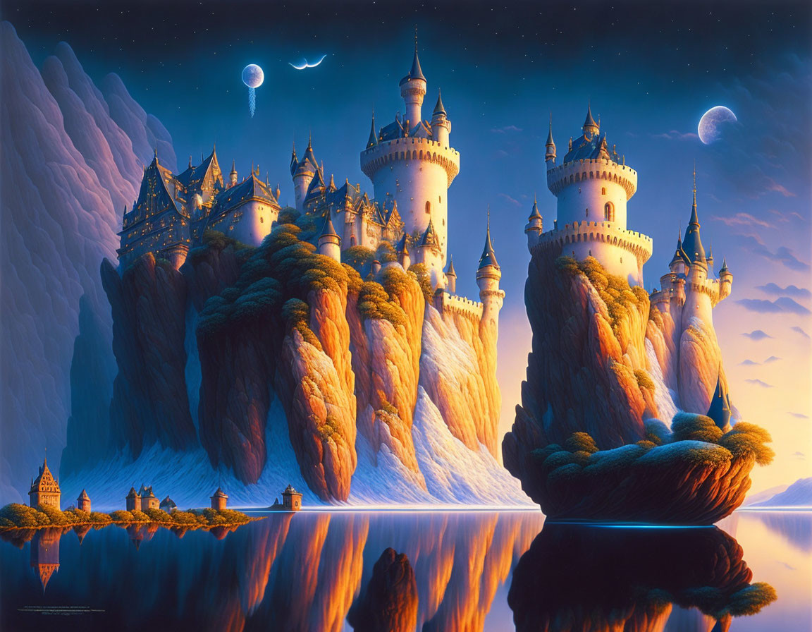 Majestic castles on cliffs, dual moons, comet: fantasy landscape.