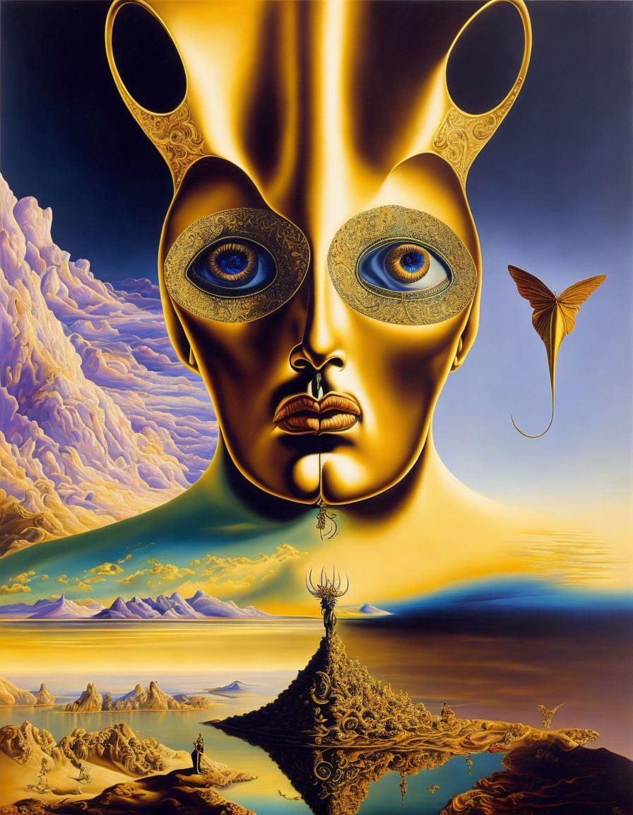 Golden mask-like face with large eyes in surreal landscape.