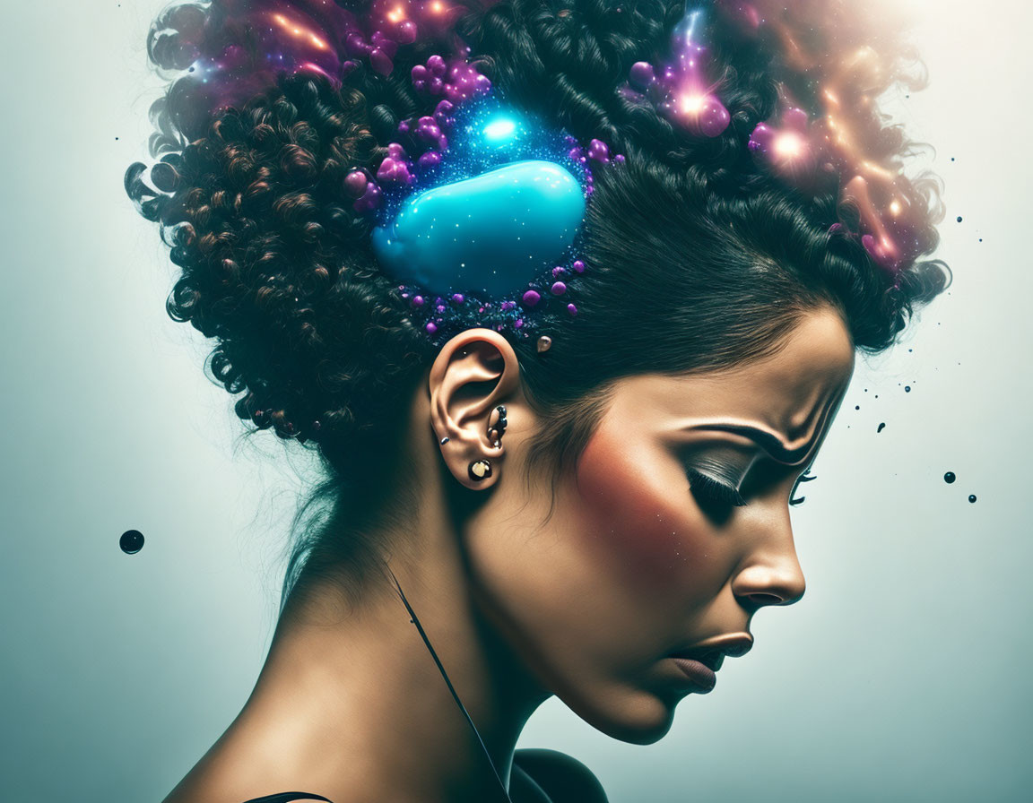 Profile view of woman with cosmic hair and vibrant nebulas, showcasing celestial beauty.