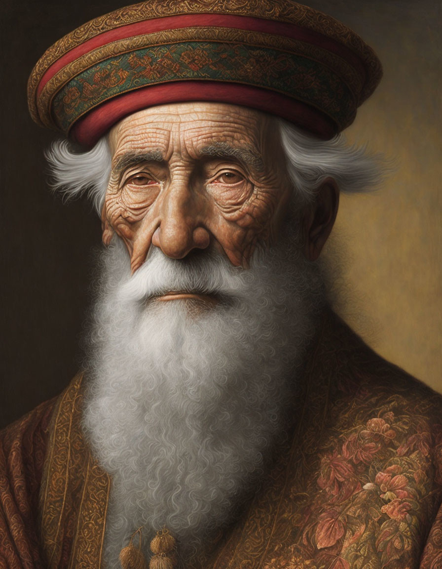 Elderly man in decorative attire gazes thoughtfully.