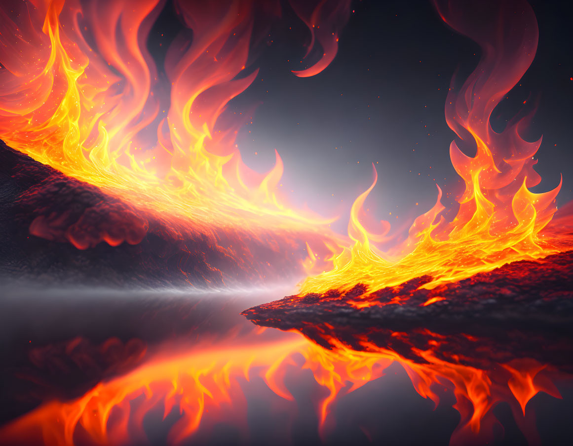 Intense fiery landscape with swirling orange flames