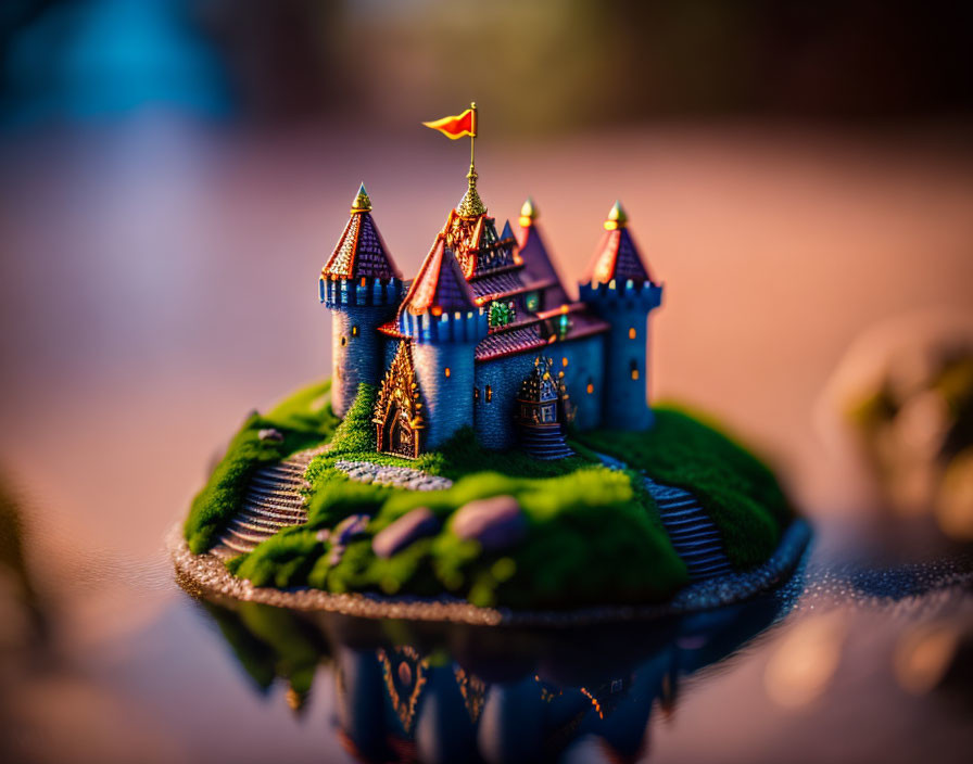 Miniature Fairy-Tale Castle on Green Island with Blue Towers