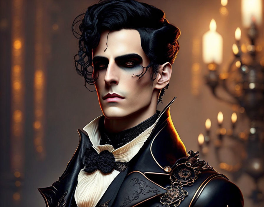 Stylized portrait of a pale man in gothic vampire makeup and black outfit