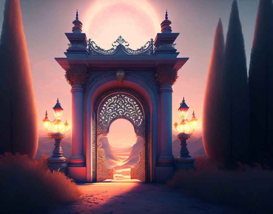 Intricate Design Ornate Gate Opens to Mystical Landscape