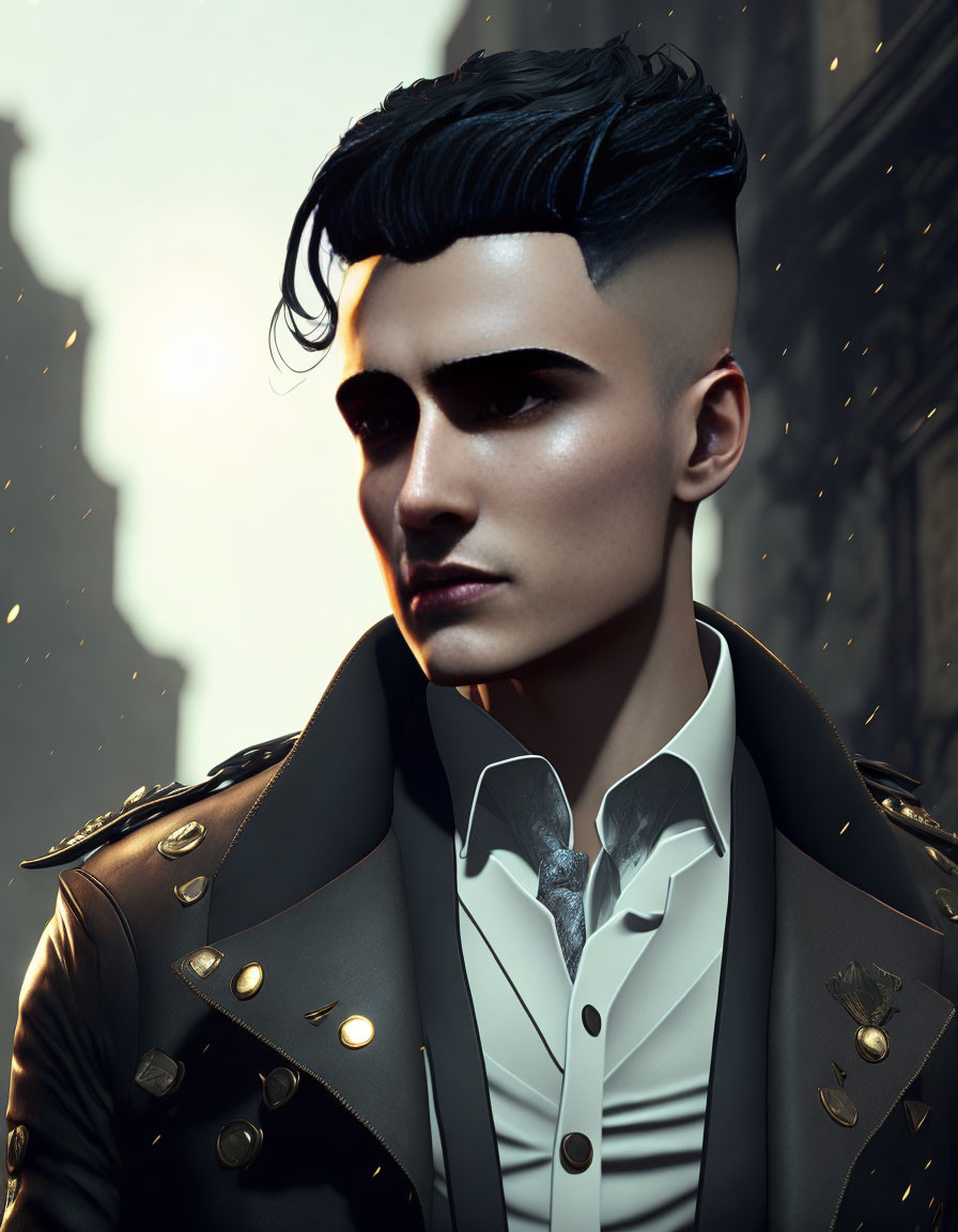 Digital portrait of man with pompadour haircut and stylish jacket against city backdrop