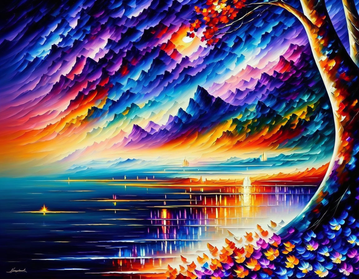 Colorful Painting of Stylized Tree Overlooking Mountain Ranges