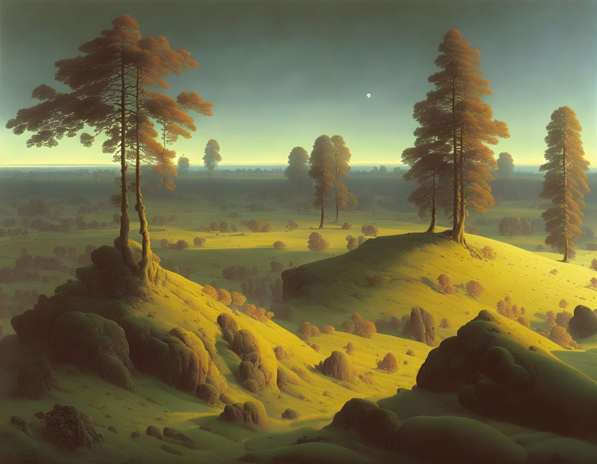 Twilight landscape: tall trees on hill, serene valley, crescent moon