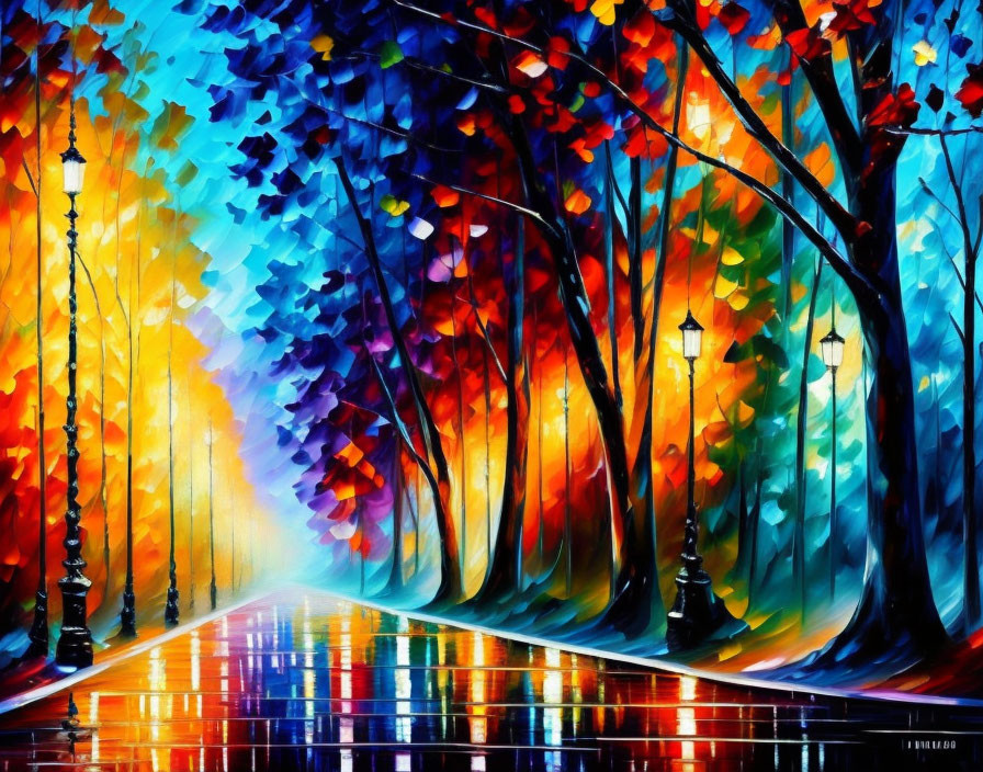 Colorful Impressionistic Painting: Tree-Lined Path with Street Lamps