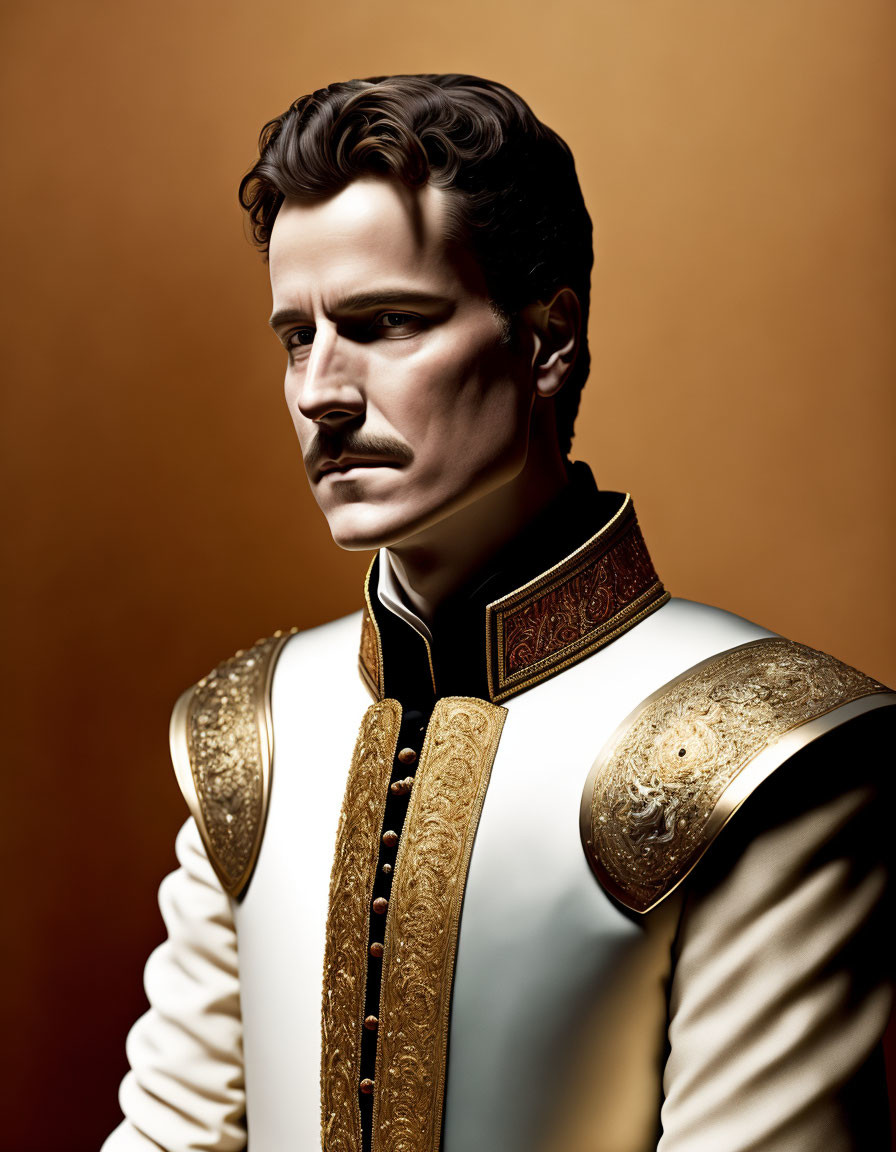 Regal man in white and gold military-style jacket on warm background