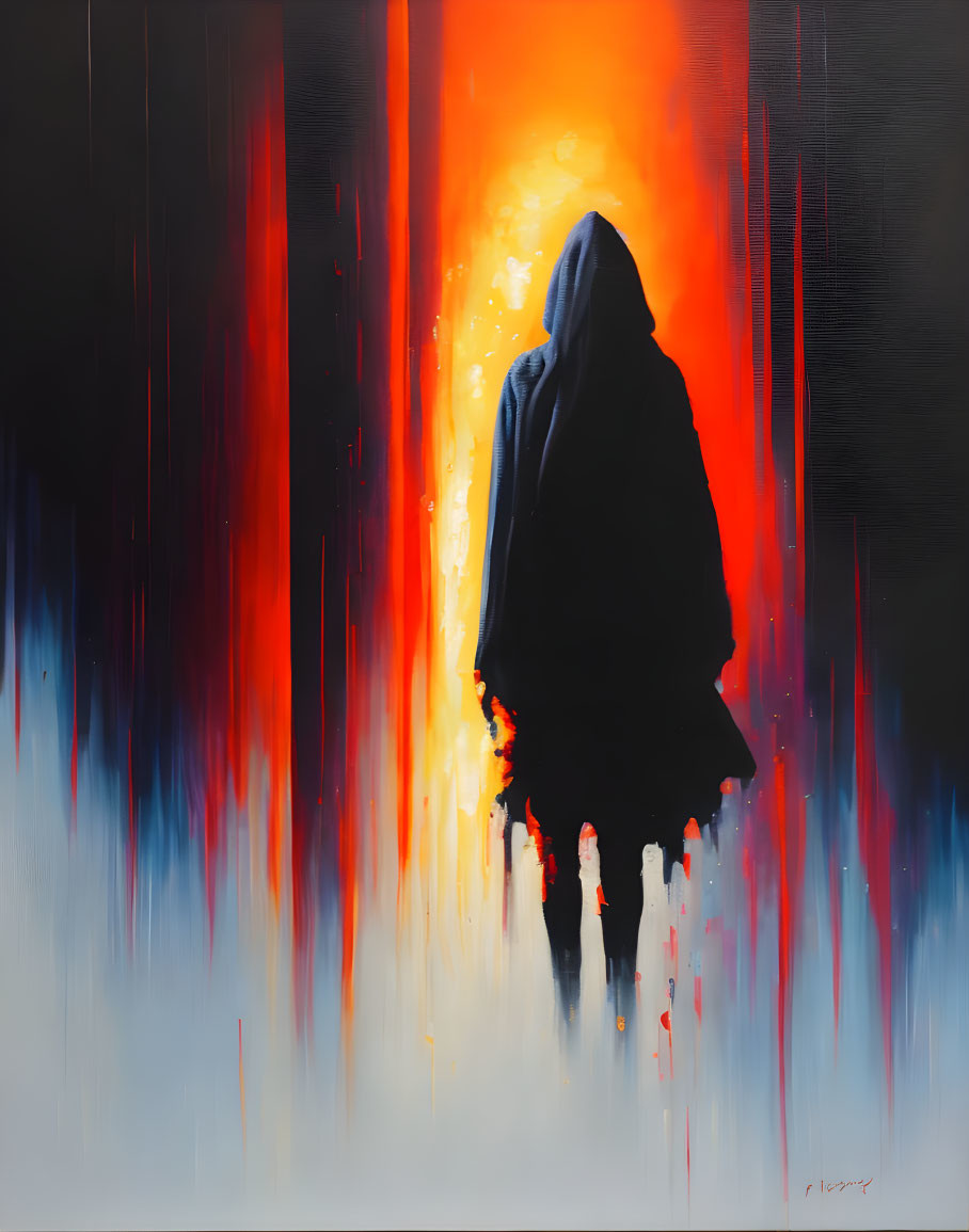 Cloaked Figure Against Red and Orange Background