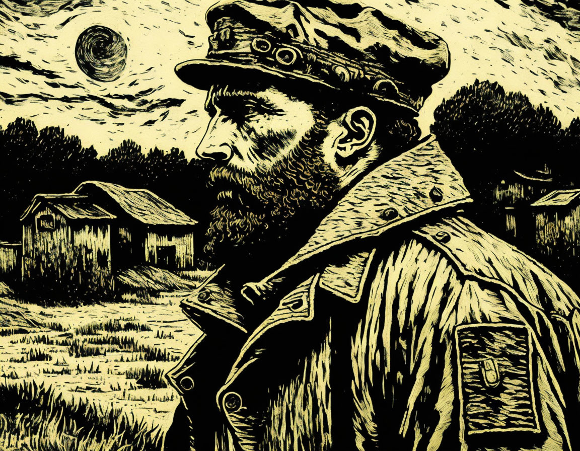 Illustration of bearded man in cap with rural landscape and moon.